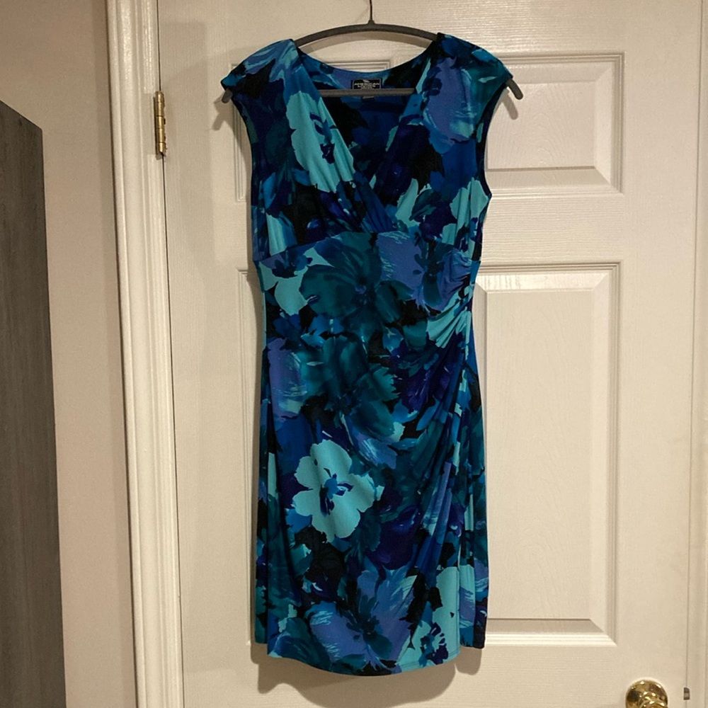 American Living Blue Sheath Dress with V-Neck Cap Sleeves